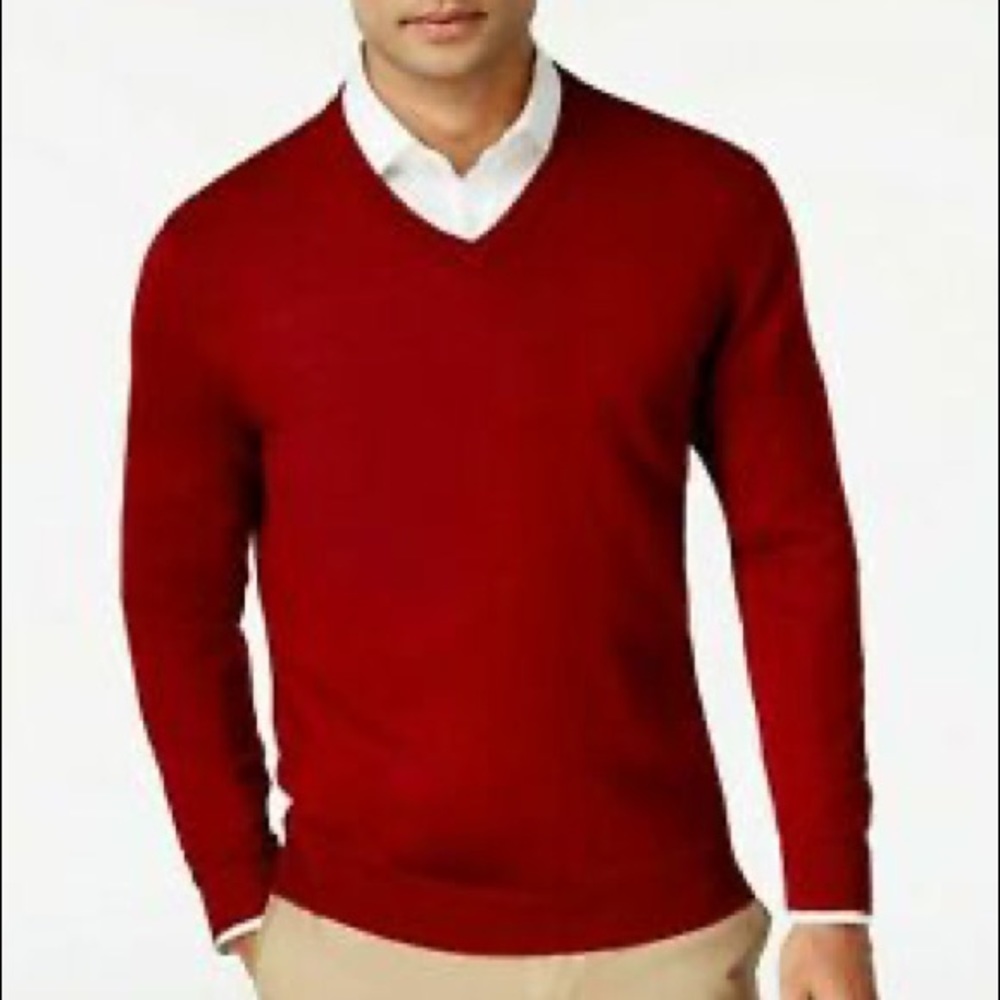 CLUB ROOM Cherry Red Performance Wool Blend V-Neck Sweater Men size Midium